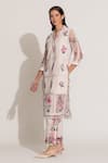 Shop_RANNA GILL_Beige Cotton, Linen Embroidery V-neck Floral Kurta Set _Online_at_Aza_Fashions