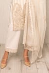 RANNA GILL_Beige Linen Embroidery V-neck Stripe Kurta Set _Online_at_Aza_Fashions