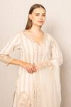 Buy_RANNA GILL_Beige Linen Embroidery V-neck Stripe Kurta Set _Online_at_Aza_Fashions