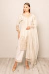 Shop_RANNA GILL_Beige Linen Embroidery V-neck Stripe Kurta Set _Online_at_Aza_Fashions