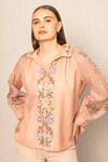 Buy_RANNA GILL_Peach Linen Embroidery Collared Orris Blouse _Online_at_Aza_Fashions
