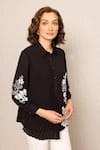 Buy_RANNA GILL_Black Georgette Embroidery Collared Lyra Pleated Top _Online_at_Aza_Fashions