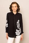 Buy_RANNA GILL_Black Georgette Embroidery Collared Lyra Pleated Top _at_Aza_Fashions