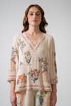 Buy_RANNA GILL_Beige Embroidery V-neck Celina Floral Top _Online_at_Aza_Fashions