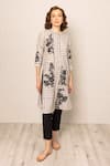 RANNA GILL_Gray Linen Embroidery Round Neck Grey Stripe Asteria Tunic _Online_at_Aza_Fashions