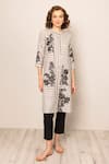 Buy_RANNA GILL_Gray Linen Embroidery Round Neck Grey Stripe Asteria Tunic _at_Aza_Fashions