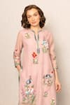 Buy_RANNA GILL_Pink Linen Embroidery Split V-neck Florica Kurta Set _Online_at_Aza_Fashions