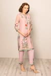 Shop_RANNA GILL_Pink Linen Embroidery Split V-neck Florica Kurta Set _Online_at_Aza_Fashions