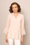 RANNA GILL_Pink Crepe Embroidery Collared Blend Top _Online_at_Aza_Fashions