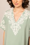 Buy_RANNA GILL_Green Embroidery V-neck Crinkle Top _Online_at_Aza_Fashions