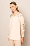 RANNA GILL_Peach Polyester Embroidery Round Neck Eliana Top _Online_at_Aza_Fashions