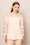 Buy_RANNA GILL_Peach Polyester Embroidery Round Neck Eliana Top _at_Aza_Fashions