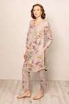 Shop_RANNA GILL_Beige Polyester Embroidery V-neck Floral Mallow Kurta Set _Online_at_Aza_Fashions