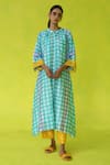 ROZA_Aqua Chanderi Round Neck Checkered Kurta Set _Online_at_Aza_Fashions
