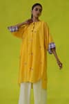 ROZA_Yellow Chanderi, Cotton Embroidery Collared Juniper Asymmetrical Tunic _at_Aza_Fashions