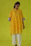 Buy_ROZA_Yellow Chanderi, Cotton Embroidery Collared Juniper Asymmetrical Tunic _at_Aza_Fashions