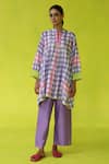 ROZA_Purple Chanderi, Cotton Collared Checkered Tunic With Inner Slip _Online_at_Aza_Fashions