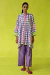Buy_ROZA_Purple Chanderi, Cotton Collared Checkered Tunic With Inner Slip _at_Aza_Fashions