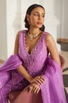 Label Sanya Gulati_Pink Georgette Sequins, Beads V-neck Bubblegum Embellished Kurta Set _Online_at_Aza_Fashions