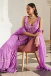 Label Sanya Gulati_Pink Georgette Sequins, Beads V-neck Bubblegum Embellished Kurta Set _at_Aza_Fashions