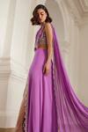 Label Sanya Gulati_Pink Georgette Sequins, Pearls, Stones, Beads Bubblegum Pre-draped Saree Set _Online_at_Aza_Fashions