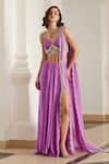 Buy_Label Sanya Gulati_Pink Georgette Sequins, Pearls, Stones, Beads Bubblegum Pre-draped Saree Set _at_Aza_Fashions