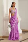 Label Sanya Gulati_Pink Georgette Sequins, Stones, Beads, Pearls Bubblegum Pre-draped Saree Set _Online_at_Aza_Fashions