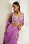 Buy_Label Sanya Gulati_Pink Georgette Sequins, Stones, Beads, Pearls Bubblegum Pre-draped Saree Set _Online_at_Aza_Fashions