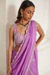 Shop_Label Sanya Gulati_Pink Georgette Sequins, Stones, Beads, Pearls Bubblegum Pre-draped Saree Set _Online_at_Aza_Fashions