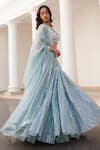 Buy_Label Sanya Gulati_Blue Silk Organza Mirrors, Sequins, Stones V-neck Designer Powder Lehenga Set _Online_at_Aza_Fashions