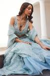 Buy_Label Sanya Gulati_Blue Silk Organza Mirrors, Sequins, Stones V-neck Designer Powder Lehenga Set 