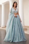 Buy_Label Sanya Gulati_Blue Silk Organza Mirrors, Sequins, Stones V-neck Designer Powder Lehenga Set _at_Aza_Fashions
