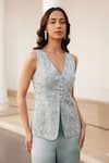 Buy_Label Sanya Gulati_Blue Silk Organza Zari, Pearls, Sequins V-neck Embroidered Powder Kurta Set _Online_at_Aza_Fashions