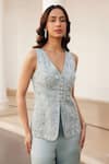 Label Sanya Gulati_Blue Silk Organza Zari, Pearls, Sequins V-neck Embroidered Powder Kurta Set _at_Aza_Fashions