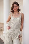 Shop_Label Sanya Gulati_White Georgette Cut Work, Sequins Round Neck Designer Pearl Kurta Set 