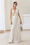 Buy_Label Sanya Gulati_White Georgette Zari, Pearls, Sequins V-neck Designer Pre-draped Saree And Blouse _at_Aza_Fashions