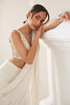 Shop_Label Sanya Gulati_White Georgette Zari, Pearls, Sequins V-neck Designer Pre-draped Saree And Blouse _Online_at_Aza_Fashions