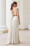 Shop_Label Sanya Gulati_White Georgette Zari, Pearls, Sequins V-neck Designer Pre-draped Saree And Blouse _at_Aza_Fashions