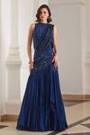 Shop_Label Sanya Gulati_Teal Georgette Cut Work, Beads, Sequins Blue Pre-draped Saree With Bodysuit _Online_at_Aza_Fashions