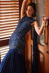 Shop_Label Sanya Gulati_Teal Georgette Cut Work, Beads, Sequins Blue Pre-draped Saree With Bodysuit 