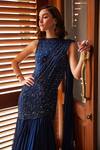 Label Sanya Gulati_Teal Georgette Cut Work, Beads, Sequins Blue Pre-draped Saree With Bodysuit _Online