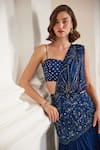 Label Sanya Gulati_Teal Georgette Sequins, Beads Square Neck Blue Pre-draped Saree Set _Online_at_Aza_Fashions