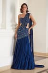 Buy_Label Sanya Gulati_Teal Georgette Sequins, Beads Square Neck Blue Pre-draped Saree Set _at_Aza_Fashions