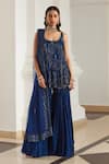 Buy_Label Sanya Gulati_Teal Georgette Sequins, Cut Work Round Neck Blue Embellished Kurta Set _at_Aza_Fashions