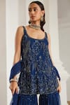 Buy_Label Sanya Gulati_Teal Georgette Sequins, Cut Work Round Neck Blue Embellished Kurta Set _Online_at_Aza_Fashions
