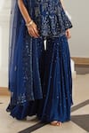 Label Sanya Gulati_Teal Georgette Sequins, Cut Work Round Neck Blue Embellished Kurta Set _at_Aza_Fashions