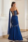 Label Sanya Gulati_Teal Georgette Sequins, Beads, Cut Work Blue Pre-draped Saree With Corset _Online_at_Aza_Fashions