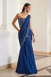 Buy_Label Sanya Gulati_Teal Georgette Sequins, Beads, Cut Work Blue Pre-draped Saree With Corset _at_Aza_Fashions