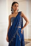 Buy_Label Sanya Gulati_Teal Georgette Sequins, Beads, Cut Work Blue Pre-draped Saree With Corset _Online_at_Aza_Fashions