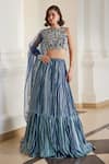 Buy_Label Sanya Gulati_Teal Georgette Zari, Gota Patti, Sequins Round Blue Embellished Lehenga Set _at_Aza_Fashions